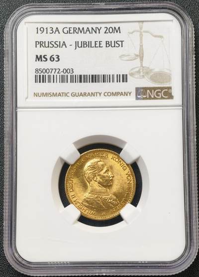 NGC-MS63 1913德国普鲁士威廉二世军装20马克金币 全身打，黄金转光高点俱佳 7.96g 900金 5月ha拍出成交价1525美元