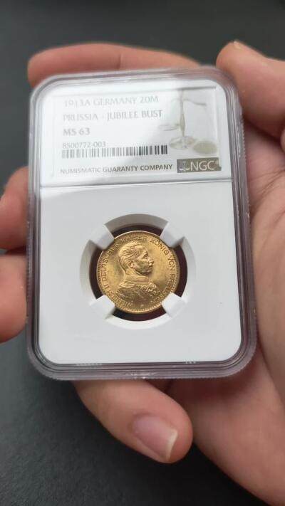 NGC-MS63 1913德国普鲁士威廉二世军装20马克金币 全身打，黄金转光高点俱佳 7.96g 900金 5月ha拍出成交价1525美元