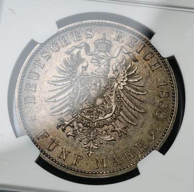 NGC-MS62 1888德国普鲁士三皇年弗雷德里希三世流通短翅5马克银币 短翅马克的经典之作，打制锋利厚重黑五彩包浆极美
