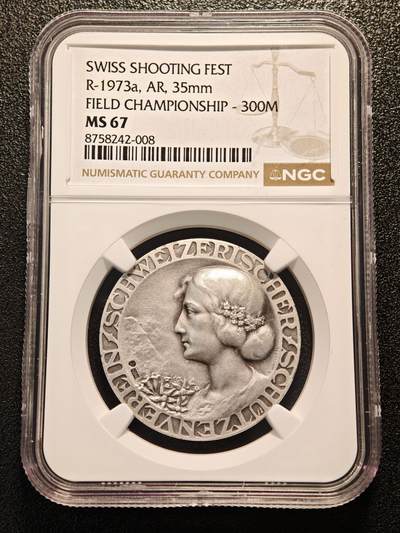 【德藏】世界币章拍卖第182期 - NGC MS67【瑞士射击节系列】瑞士300米野外锦标赛射击节纪念银章，冠军分，目录版别Richter-1973a，直径约：35mm，女神肖像与射击靶场图案，原始光泽保存良好