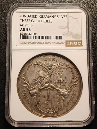 【德藏】世界币章拍卖第182期 - NGC AU55 1680-1700年德国西里西亚布雷斯劳“人生三条善规与三件美事”纪念银章，直径约：45mm，寓言纹饰与徽章图案，包浆自然，细节清晰，银色光泽历经岁月更显温润，浮雕起伏自然，细节满满