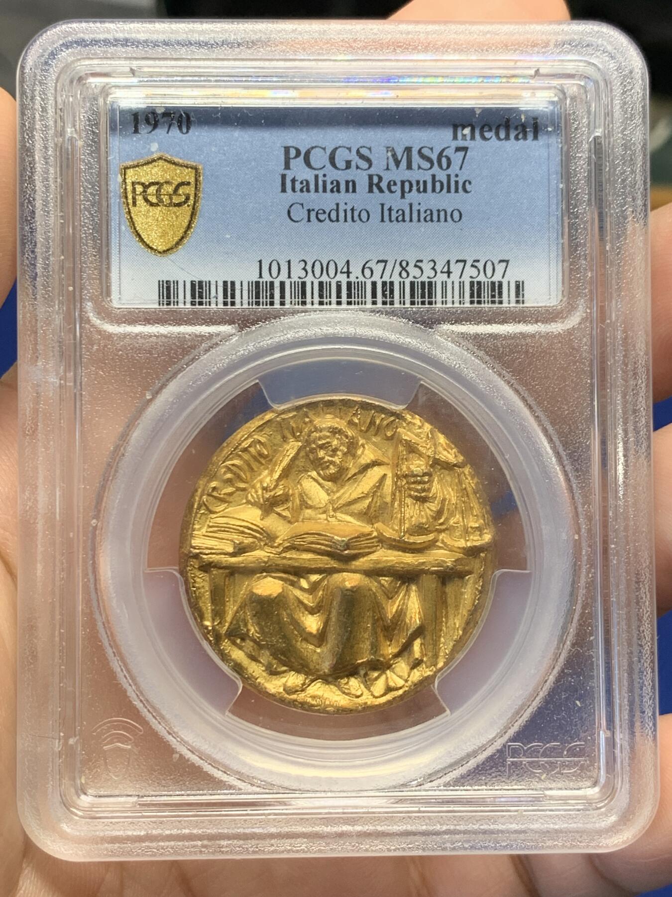 PCGS MS67 意大利1970年信贷银行Credito Italiano官方18K金章，加厚盒