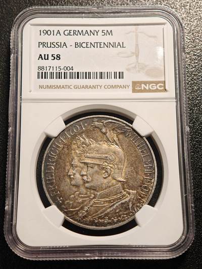 【德藏】世界币章拍卖第183期 - 【老藏家集藏系列】NGC AU58 1901年A版德国普鲁士王国建国200周年纪念5马克银币，弗里德里希一世与威廉二世双像，原味包浆，浮雕层次清晰