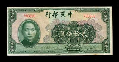 8月5号晚上8点 中外纸币自动截拍第101场 - 中国银行 特别面值25元。无字轨 几乎全新 可惜左上角有一点点粘补 拍时注意