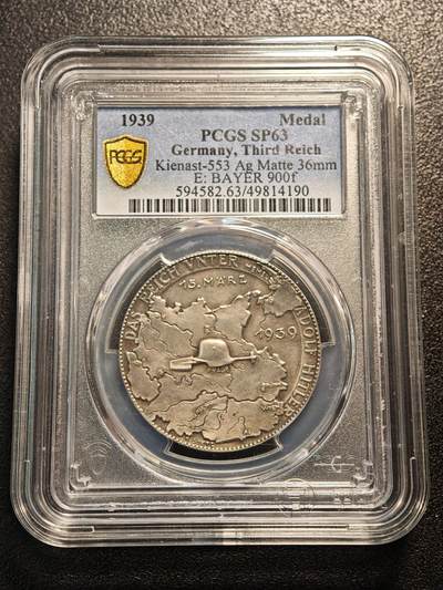 【德藏】世界币章拍卖第184期 - PCGS SP63 1939年德国“波希米亚和摩拉维亚保护国”纪念银章，卡尔歌茨设计，目录编号 Kienast 553，纪念1939年3月15日德军进入布拉格、占领捷克斯洛伐克剩余地区，并建立“波希米亚和摩拉维亚保护国”的事件