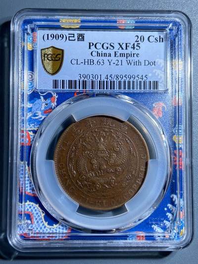 煦冉精品钱币拍卖 - 青龍盒 大清铜币己酉二十文细字KU0后带点 PCGS XF45