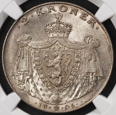 修遠堂世界钱币第208期 - NGC MS64 1906年挪威独立2克朗纪念银币，少见的品种，状态难得