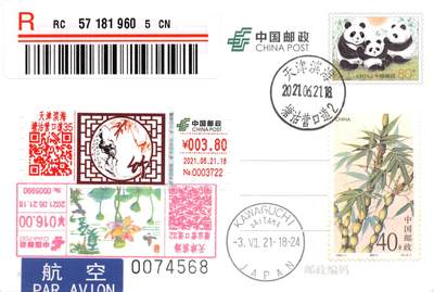 08月19日（周三）20:00 中国大陆天天骨折大会国际挂封片专场 - 2021中国大陆《竹子》彩色邮资标签一片一签（全套） 加贴PP大熊猫 1993《竹子》原地首日航空挂寄日本 一套4枚