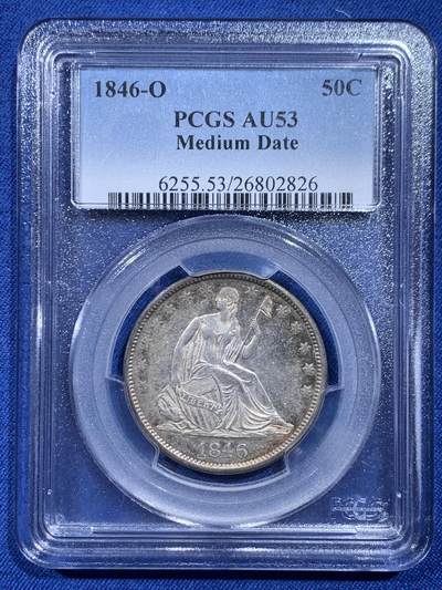 《竞宝斋》520场   周日，周一 2场连拍 21级店铺 欢迎送拍 （全场包邮） - PCGS AU53 美国1846年O版拿旗半圆50分银币 原味老包浆 老盒味道更佳