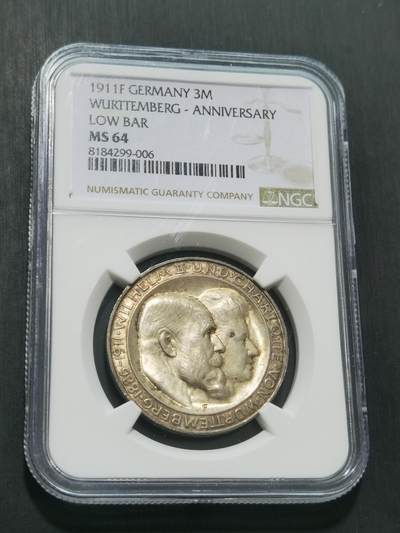 天下钱庄专场欢迎参拍 - NGC MS64 德国符腾堡银婚3马克银币