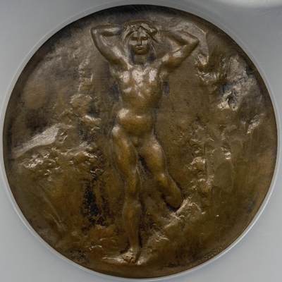 掌中浮雕-藏着的欧洲第076场 - NGC MS62 : （SAMF系列）1907年法国“青少年”铜章，57mm， 雕刻家：路易斯•德让 Louis Dejean，作品偏爱于裸体表现形式，这款是德让为SAMF协会创作的第二件作品。  Nicolas Maier法国优秀雕刻家作品书#044号  铜章发行量：109枚