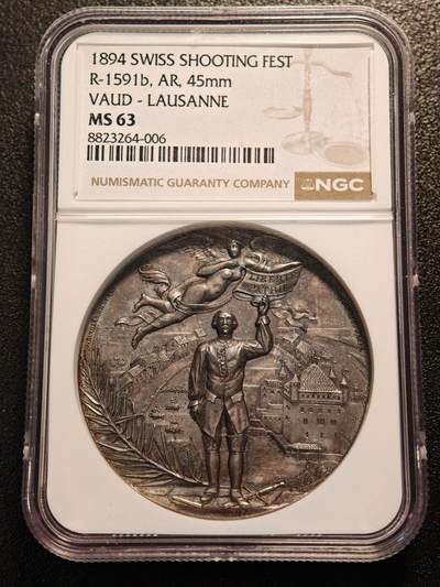 【德藏】世界币章拍卖第186期 - NGC MS63【瑞士射击节系列】1894年沃州洛桑射击节纪念银章，目录版别R-1591b