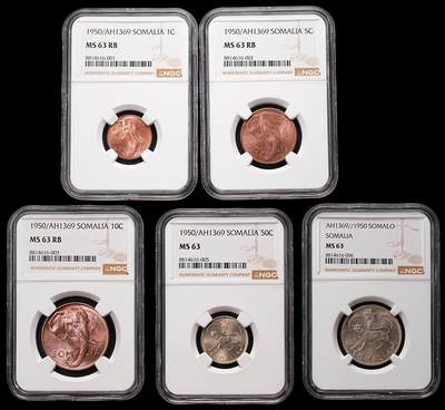 修遠堂世界钱币第211期 - NGC 评级套币 1950 / AH1369 索马里（意属托管）全套5 枚，3铜2银