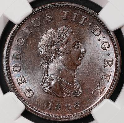 修遠堂世界钱币第212期 - NGC MS64BN 1806年英国1/2便士铜币，SOHO厂经典作品