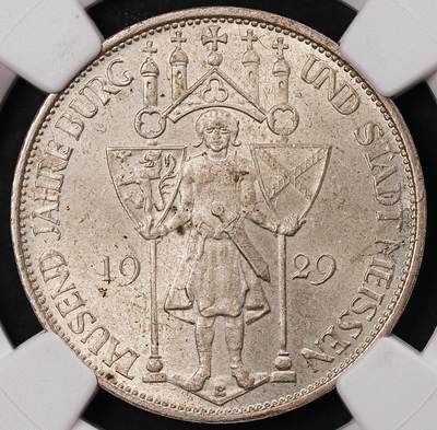 修遠堂世界钱币第212期 - NGC MS63 1929年德国魏玛共和国-梅森建城千年纪念3马克银币，E厂铭