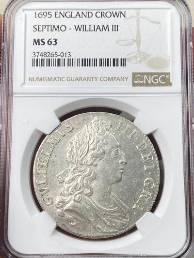 NGC MS63 1695年英国威廉三世克朗大银 1688年光荣革命后来自荷兰奥兰治-拿骚家族的威廉三世和玛丽皇后一起登上了英国王位 背面十字纹章中心的拿骚狮子表明了其出身  伦敦塔造币厂铸 好品稀缺的早期英国克朗大银 原味银霜转光浮雕细节饱满 一步到位的顶级典藏品质   