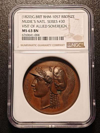 【德藏】世界币章拍卖第188期 - NGC MS63 BN【英国穆迪国家系列】1820年英国盟国君主访问纪念铜章，目录版别BHM-1057，棕色铜色自然，细节清晰