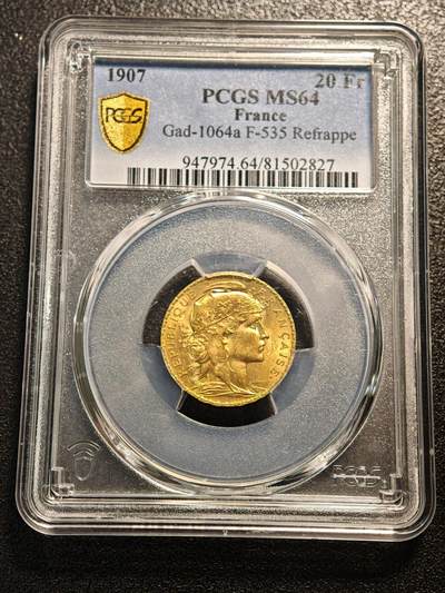 【德藏】世界币章拍卖第188期 - PCGS MS64 1907年法国玛丽安娜高卢雄鸡20法郎金币，目录版别Gad-1064a/F-535，6.45g，900金，转光丰沛，高点锐利，女神传神，雄鸡生动
