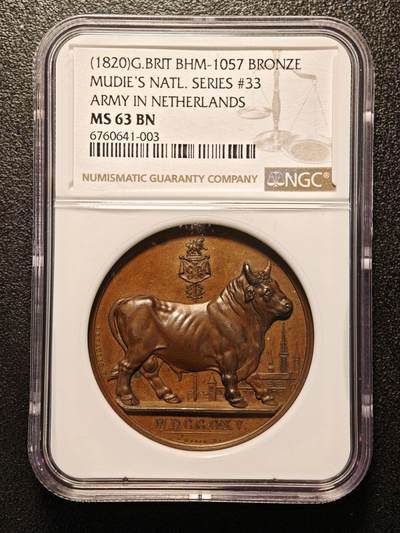 【德藏】世界币章拍卖第188期 - NGC MS63 BN【英国穆迪国家系列】1820年英国尼德兰军队纪念铜章，目录版别BHM-1057，棕色铜色自然，细节清晰