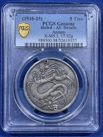 《竞宝斋》528场   周日，周一，2场连拍 21级店铺 欢迎送拍 （全场包邮） - PCGS AU 安南1916年启定宝鑑飞龙5T 启定年份本已稀少 稀见品种 鲜有入盒 所见皆为打孔 原味老包浆 盒子正面有一牛毛裂纹