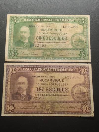 九月第六拍 - 葡属莫桑比克1945年二战时期5+10埃斯库多。早期稀有品种！流通品相。著名的总督：安东尼诺恩捏斯