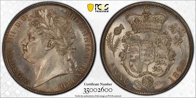 PCGS MS64 1820英国乔治四世三花半克朗 象征英格兰的玫瑰，苏格兰的蓟草和爱尔兰的三叶草三位一体的围绕在汉诺威王朝的盾徽周围 将乔治四世时期的装饰艺术体现的淋漓尽致 银霜转光极其诱人的典藏品质