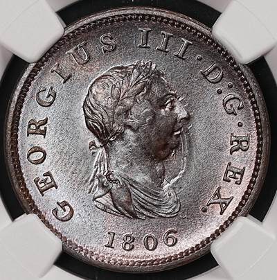 修遠堂世界钱币第213期 - NGC MS64BN 1806年英国1/2便士铜币，SOHO厂经典作品