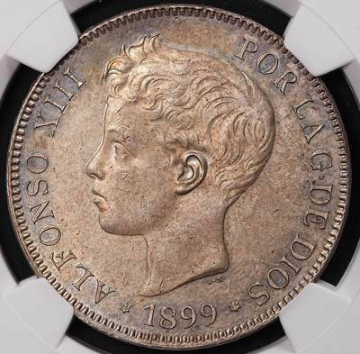 修遠堂世界钱币第213期 - NGC MS61 1899 年西班牙 阿方索十三世 5 比塞塔（双柱）大银币