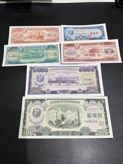 《外钞收藏家》第六百七十八期（精选场）（长期征集拍品、欢迎藏友们联系合作） - 朝鲜1-100元 6张一起 全新 有轻微潮点
