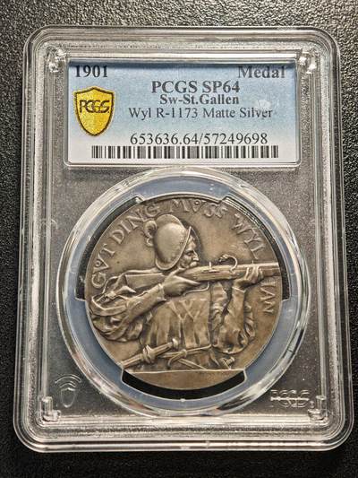 【德藏】世界币章拍卖第189期 - 【稀有品种】PCGS SP64【瑞士射击节系列】1901年瑞士圣加仑州威尔州级射击节纪念银章，市场流通量小于250枚，古装射手持步枪与圣加仑熊持枪图案，Hans Frei作品，R-1173，瑞士射击节银章