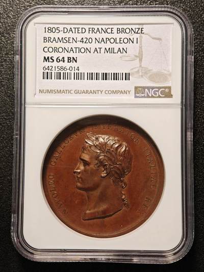 【德藏】世界币章拍卖第189期 - NGC MS64 BN 1805年法国拿破仑一世米兰加冕意大利国王纪念大铜章，拿破仑月桂冠肖像，意大利女神为其加冕寓意图，纪念米兰大教堂加冕典礼，Bramsen-420，拿破仑帝国时期历史题材铜章