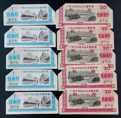美实惠钱币20260918期B专拍 - 剪角广西1981年(南宁)定量粮票1斤30斤共十枚