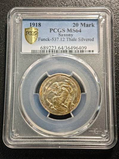 【德藏】世界币章拍卖第189期 - PCGS MS64 1918年德国普鲁士萨克森省塔勒20马克镀银青铜紧急货币，女巫坐于马蹄铁图案，城市徽章，芬克目录537.12，一战时期官方德紧地方代用币，少见品种