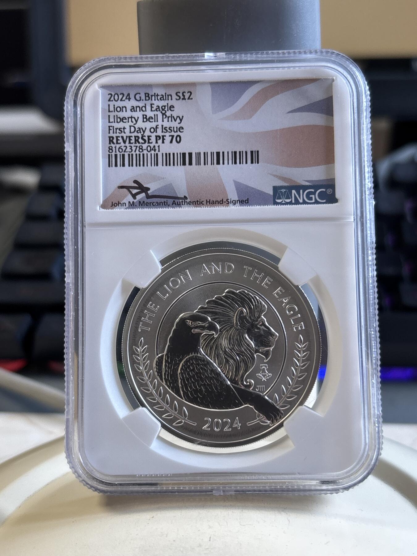 英国2024年狮子与雄鹰2镑自由钟暗记版反向精制大银币，NGC Reverse