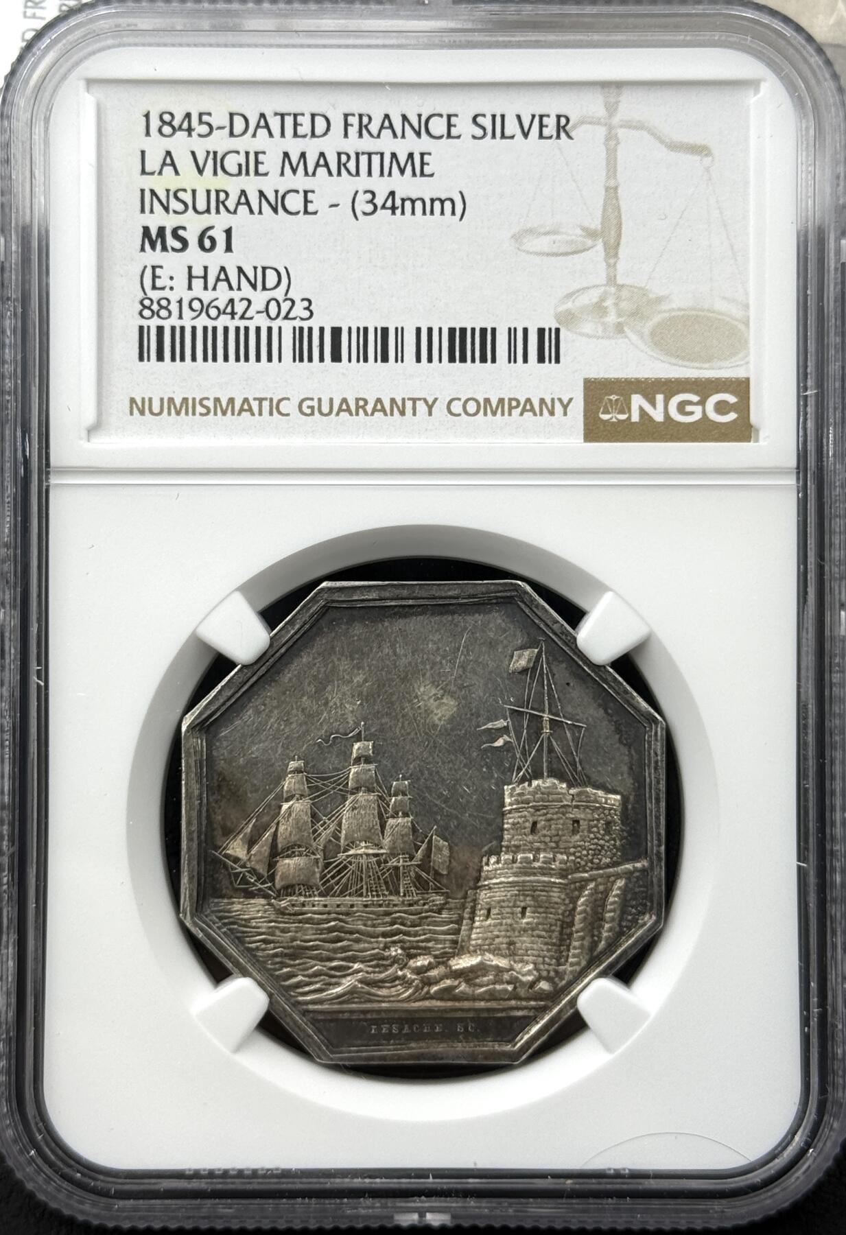 NGC MS 61 1845年法国海上保险公司八角银章，直径：34 mm，，背面法语